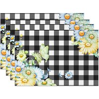 Aperturee Blue and Yellow Floral on Black Plaid Set of 4 Placemats, for Farmhouse Country Kitchen Dining Table, 14x12in (WxH)