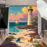 Aperturee Painted Sandy Beach Lighthouse Summer Sweep Backdrop, 5 x 7 ft (1.5 x 2.1 m), 42 USD, sweep backdrops, CJSD9N63-D