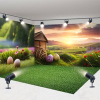 Aperturee Spring Easter Room Set Backdrop Sunset Farm Barn Eggs Green Grass Photography Background Studio