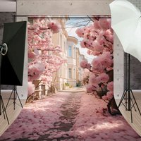 Aperturee Pink Peach Blossom Path House Spring Photo Backdrop, 5 x 7 ft (1.5 x 2.1 m), 42 USD, sweep backdrops, DCSD6K32-D