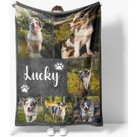 Aperturee Personalized Australian Shepherd Blanket with Custom Name, Photo Collage Memorial Gift for Dog Lovers