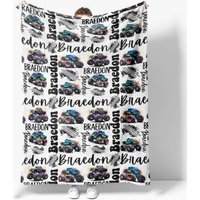 Aperturee Personalized Name Blanket for Boy, Custom Monster Truck Baby Blanket, Racing Car Nursery Decor Swaddle