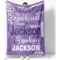 Aperturee Personalized Name Blanket for Boy or Girl, Custom Word Cloud Typography, Purple Blue Nursery Swaddle