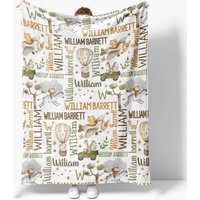 Aperturee Personalized Baby Blanket for Boy, Custom Safari Animals Travel, Hot Air Balloon Plane Nursery Decor