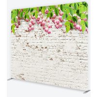 Aperturee White Brick Wall and Pink Flowers Tension Fabric Backdrop Rustic Floral Garden Background, Professional Studio Photo Prop