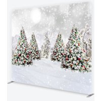 Aperturee Christmas Trees in Snow Tension Fabric Backdrop Winter Landscape with Ornaments and Snowflakes Background, Professional Prop