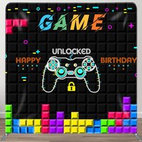 Aperturee Black Tetris Wall Game Birthday Pillow Case Backdrop | 8X8 Tension Fabric Backdrop | Double-Sided Square Backdrop | Tension Banner