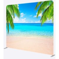 Aperturee Tropical Beach Tension Fabric Backdrop, Summer Ocean with Blue Sky and Palm Trees, Paradise Island Photo Prop, 6x6ft (WxH)