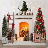 Aperturee Christmas White Fireplace Fabric Photo Booth Backdrop | Christmas Photoshoot Backgrounds | Christmas Backgrounds Fireplace | Christmas Scenic Backgrounds