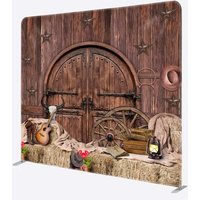 Aperturee Western Saloon Tension Fabric Backdrop, Rustic Barn Door and Hay Bales, Wild West Cowboy Themed Photo Prop, 6x6ft (WxH)