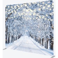 Aperturee Winter Wonderland Tension Fabric Backdrop, Snowy Road with String Lights, Christmas Forest Photography Background