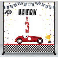 Aperturee Custom Third Birthday Race Car Backdrop, Vintage Red Car and Checkered Flag, Personalized Boys Racing Party Decor, 3x3ft (WxH), 15 USD