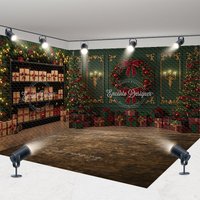 Aperturee Elegant Green and Red Christmas Room Set Backdrop, with Gift Wall, Wreath and Wood Floor, Holiday Photo Studio