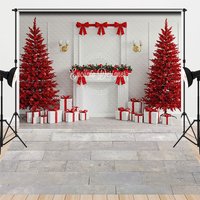 Aperturee Modern All Red Christmas Room Combo Set Backdrop, White Fireplace with Red Trees, Holiday Photo Studio Floor
