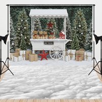 Aperturee Christmas Hot Cocoa Stand Combo Set Backdrop, White Cart with Teddy Bears, Snowy Cloud Floor for Mini Sessions