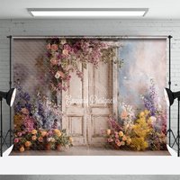 Aperturee Spring Garden Floral Backdrop, Vintage White Door Photo Background, Pink Rose Potted Flowers for Wedding Bridal Shower Decor Portrait