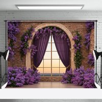 Aperturee Bricks Wall Window Purple Floral Wedding Backdrop, 3X2FT(1MX0.6M), 14 USD, wedding backdrops, ENHD5K46-M