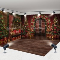 Aperturee Christmas Room Set Backdrop, Red Wall Wood Floor with Xmas Trees, Holiday Teddy Bear Photo Booth Props