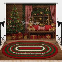Aperturee Cozy Christmas Window Combo Set Backdrop, Rustic Room with Teddy Bears, Holiday Braided Rug Photo Floor, 7 x 5 ft / 7 x 5 ft