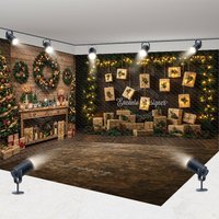 Aperturee Christmas Room Set Backdrop, Rustic Wood Wall with Hanging Gifts, Holiday Lights Photo Booth Props