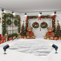 Aperturee Christmas Room Set Backdrop with Teddy Bears and Snow, White Door with Garland, Holiday Photo Studio