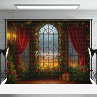 Aperturee Dramatic Christmas Window Photography Backdrop, Fiery Sunset with Red Curtains, Cozy Holiday Mini Session Background, 3x2ft (WxH)