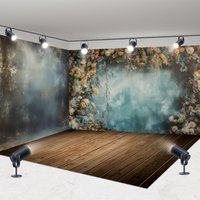 Aperturee Abstract Blue Wall Floral Wood Floor Room Set Backdrop, 7 x 7 ft / 10 x 7 ft / 10 x 7 ft, 247.5 USD, room set backdrops