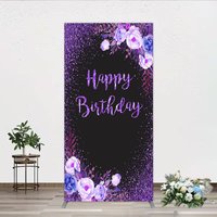 Aperturee Happy Birthday Rectangle Backdrop for Women, Black and Purple Glitter with Floral, Elegant Milestone Party Photo Prop, 1.6x4ft (50x1