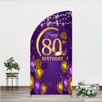Aperturee Happy 80th Birthday Half Moon Arch Backdrop for Her, Purple and Gold Balloons with String Lights, Elegant Party Decor, 1.6x4ft (50x120cm)