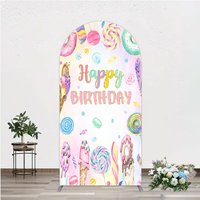 Aperturee Happy Birthday Candyland Arch Backdrop, Pastel Donut, Ice Cream and Lollipop, Sweet Shoppe Party Photo Booth, 1.6x4ft (50x120cm)