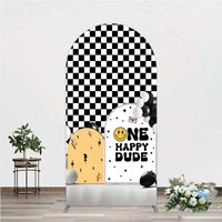 Aperturee One Happy Dude 1st Birthday Arch Backdrop Black and White Checkered with Smile Face Background, Professional Photo Prop