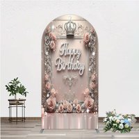 Aperturee Princess Happy Birthday Arch Backdrop, Royal Pink and Silver with Crown, Elegant Queen Themed Party Decor, 1.6x4ft (50x120cm)