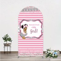 Aperturee Diamonds and Pearls Baby Girl Shower Arch Backdrop, Pink and Silver Glitter, African American Princess Theme Decor, 1.6x4ft (50x120cm)
