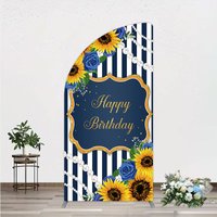 Aperturee Sunflower Blue Rose Birthday Arch Backdrop Navy Stripe Floral Party Decoration Gold Frame Pearl Background Studio Prop