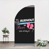 Aperturee Burnout or Bows Gender Reveal Half Moon Arch Backdrop, What Will Baby Be Racing and Bows Baby Shower Background