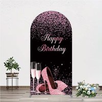Aperturee Happy Birthday Arch Backdrop for Her, Pink Glitter High Heels and Champagne, Fabulous Women's Party Photo Prop, 1.6x4ft (50