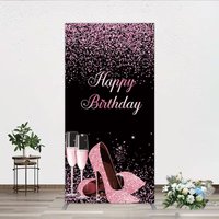 Aperturee Happy Birthday Rectangle Backdrop for Her, Pink Glitter High Heels and Champagne, Fabulous Women's Party Photo Prop, 1.6x4ft (50x1