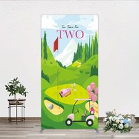 Aperturee Tee Time For Two Golf Birthday Rectangle Backdrop, Pink Golf Cart and Mountain Landscape Girls 2nd Birthday