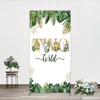 Aperturee Two Wild Safari Animals Birthday Rectangle Backdrop, Jungle Tropical Palm Leaves 2nd Birthday Party Background