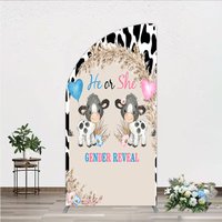 Aperturee He or She Gender Reveal Cow Half Moon Arch Backdrop, Western Farm Animal and Pampas Grass Party Cover