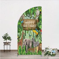 Aperturee Safari Happy Birthday Half Moon Arch Backdrop, Wild Jungle Animals Theme, Tropical Party Decor for Kids Photo Booth, 1.6x4ft (50x120cm)