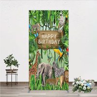 Aperturee Safari Happy Birthday Rectangle Backdrop, Wild Jungle Animals Theme, Tropical Party Decor for Kids Photo Booth, 1.6x4ft (50x120cm)