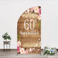 Aperturee Rustic Floral 60th Birthday Half Moon Arch Backdrop for Women, Pink Peony on Wood Background, String Lights Party Decor, 1.6x4ft (50x120cm