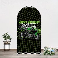 Aperturee Motorcycle Happy Birthday Arch Backdrop, Green Racing Superbike and Checkered Flag, Boys Biker Themed Party Decor, 1.6x4ft (50