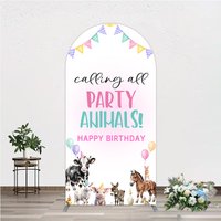 Aperturee Farm Animals Birthday Arched Backdrop, "Calling All Party Animals" for Rustic Farmhouse, Barnyard Party Decor, 1.6x4ft (50x120cm)