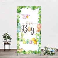 Aperturee It's a Boy Dinosaur Rectangle Backdrop for Baby Shower, Watercolor Jungle Animals Theme, Tropical Dino Party Decor, 1.6x4ft (50x120cm)