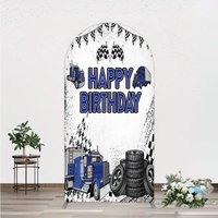 Aperturee Blue Semi Truck Happy Birthday Arch Backdrop Checkered Flag Transportation Photo Booth Prop