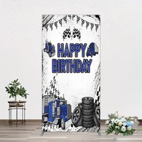 Aperturee Blue Semi Truck Happy Birthday Arch Backdrop Checkered Flag Transportation Photo Booth Prop