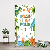 Aperturee Roar I'm Four Dinosaur Birthday Rectangle Backdrop, Boys 4th Bday Party Banner, T-Rex and Volcano Jungle Photo Prop, 1.6x4ft (50x1