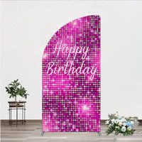 Aperturee Happy Birthday Pink Disco Half Moon Arch Backdrop, Glam Sequin Glitter Effect, Girl's Night Out Party Photo Booth Decor, 1.6x4ft (50x120cm)